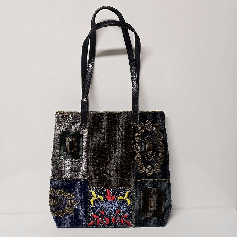 Vintage Beaded Patchwork Tote Bag – Multicolor – Needs Repair